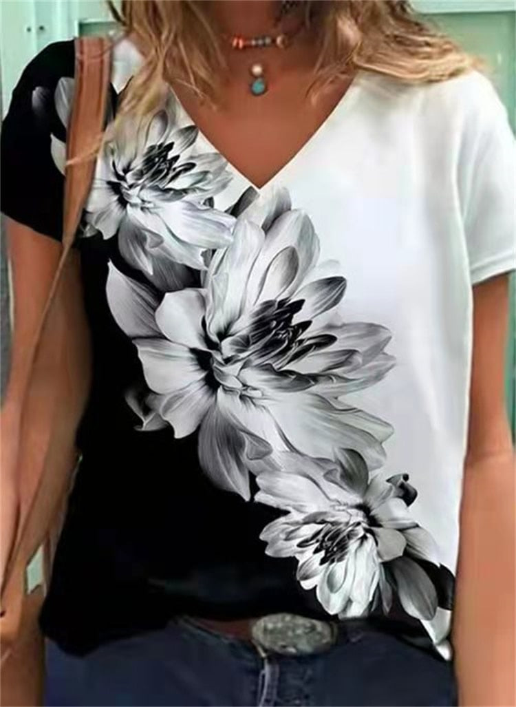 Women's Fashion Loose V-Neck Shirt Casual Print Design T-Shirt Short-Sleeve Top