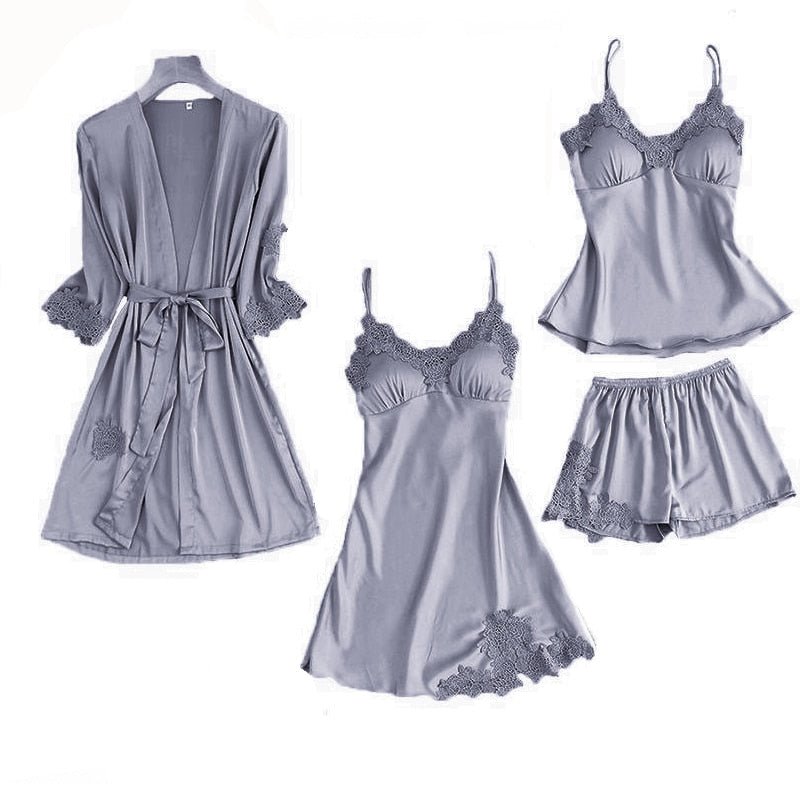Satin Lace Pajama Set Women 2-5 Piece Night Robe Gown Sleepwear Casual Loungewear Fashion