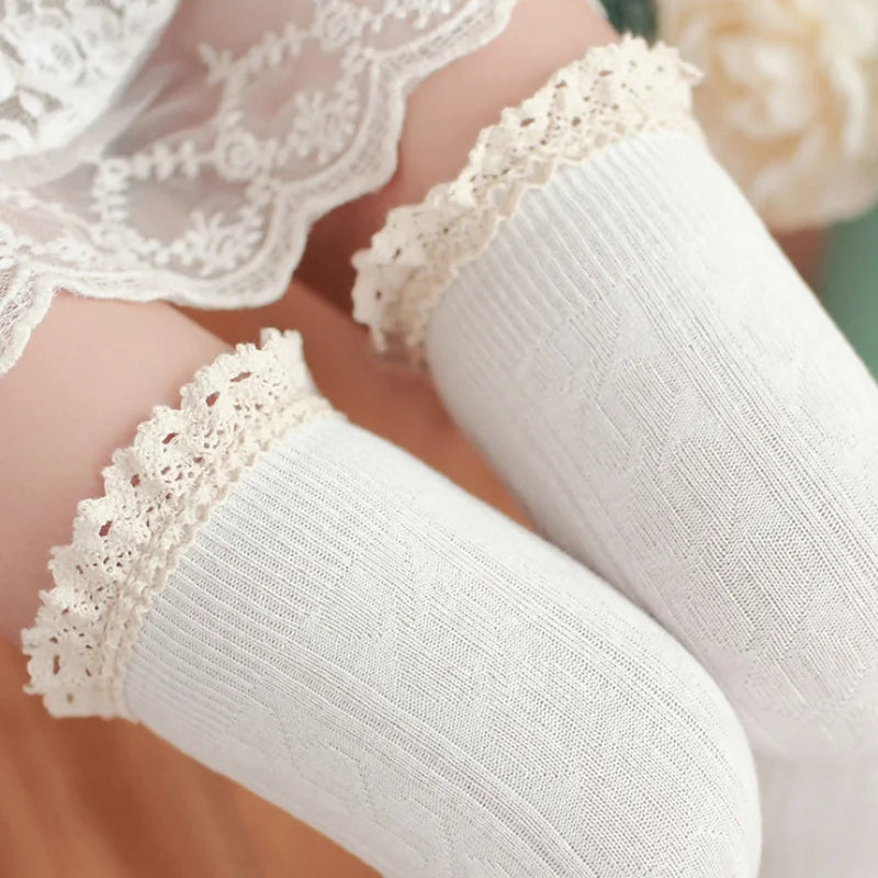 Thigh High Over The Knee Stockings Fashion Lace Knee Socks Cotton Warm Long Stocking Knit Lace