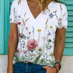 Women's Fashion Loose V-Neck Shirt Casual Print Design T-Shirt Short-Sleeve Top