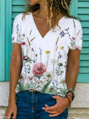Women's Fashion Loose V-Neck Shirt Casual Print Design T-Shirt Short-Sleeve Top