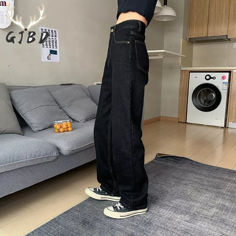 Jeans Women Vintage Black High Waist Wide Leg Straight Baggy Streetwear Fashion Denim Trousers