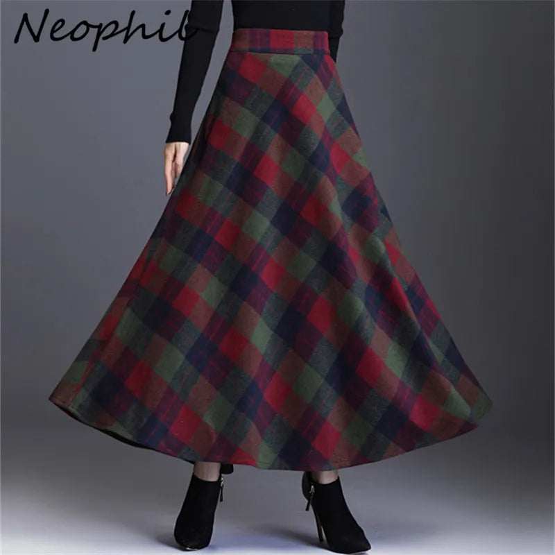 Women's Wool Thick Warm Plaid Skirts British Style Clothing with Pockets Pleated A-Line Midi Tartan Skirt