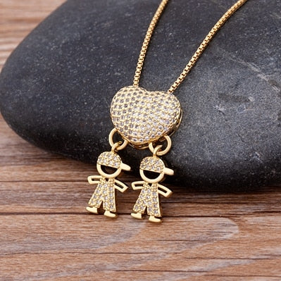 Heart Pendant Necklace Women Gold Cubic Zirconia Family Mother Daughter Son Jewelry Gift