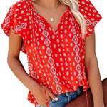 Women's Summer Chiffon Blouse V-Neck Floral Print Shirt