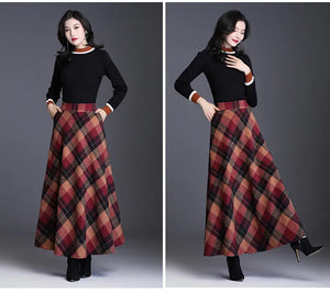 Women's Wool Thick Warm Plaid Skirts British Style Clothing with Pockets Pleated A-Line Midi Tartan Skirt