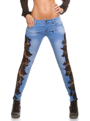 Women's Lace Floral Embroidery Jeans Elegant Sexy Denim Pencil Skinny Jeans