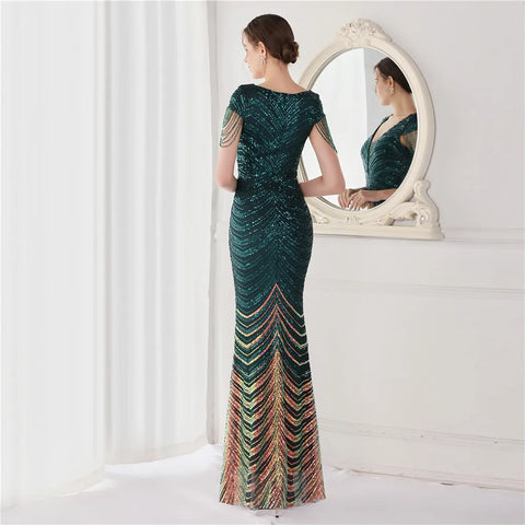 Green Sequin Beaded Mermaid Evening Dress Women V-Neck Cap Sleeve Elegant Prom Wedding Guest