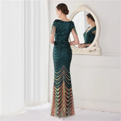Green Sequin Beaded Mermaid Evening Dress Women V-Neck Cap Sleeve Elegant Prom Wedding Guest