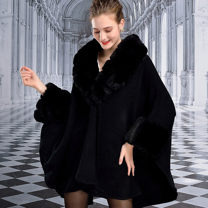 Women's Faux Fur Collar Cashmere Party Overcoat Fake Rabbit Fur Big Striped Collar Knitted Cardigan Cape