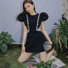 New Fashion Short Puff Sleeve Mini Dress Rhinestone Beaded O-Neck High Waist Hollow Out Mini Dress