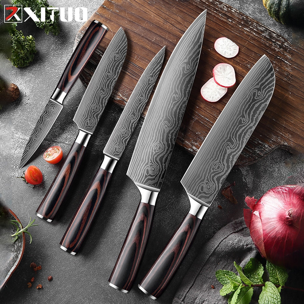 Chef's Kitchen Knife Set Japanese Stainless Steel Sanding Laser Pattern Knives