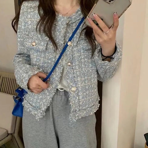 Tweed Jacket Women Chic Vintage Single Breasted Short Designer Inspired Casual Coat Outerwear