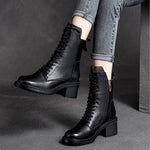 Women's Genuine Leather Quality Boots Autumn Winter Square Heel Ankle Boots Lace Up & Zipper