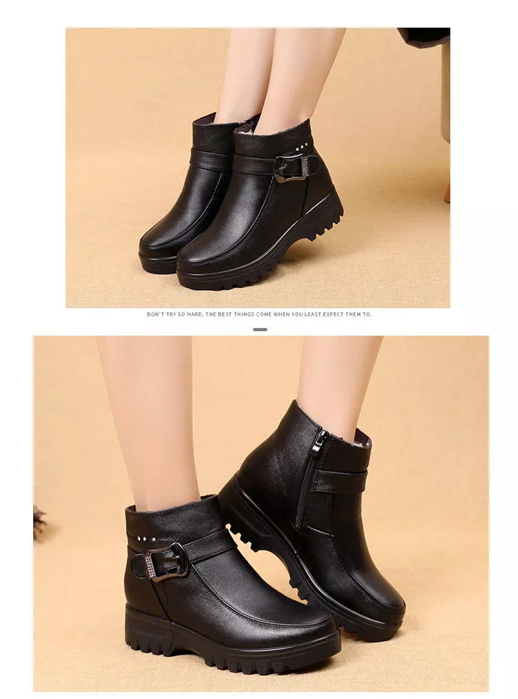 Boutique Fashion Boots Women's Winter PU Vegan Leather Ankle Boots Thick Plush Warm Snow Boots