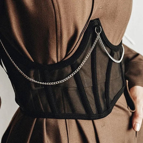 Corset Belt Women Punk Metal Chain Goth High Waist Vintage Mesh Sheer Waist Shaper Fashion