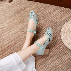 Women's Soft Embroidered Shoes Retro Ankle Strap Ladies Casual Comfortable Shoes
