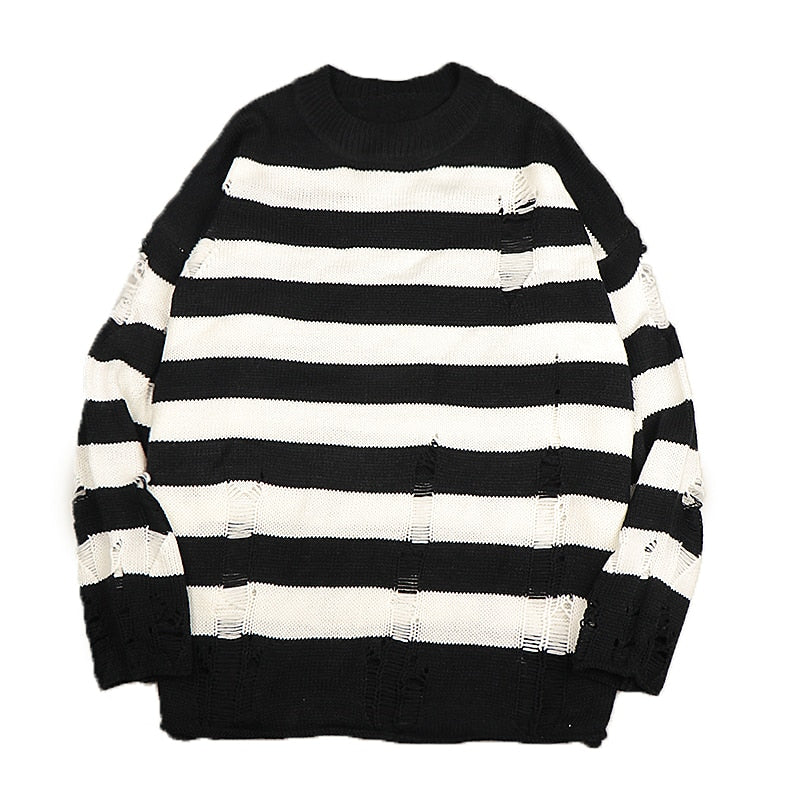 Horizontal Striped Women's Hollow Out Sweater Punk Grunge Hole Distressed Jumper