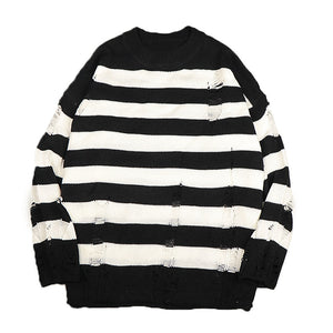 Horizontal Striped Women's Hollow Out Sweater Punk Grunge Hole Distressed Jumper