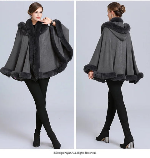 Shawl Coat Women Thick Faux Fur Hooded Poncho Cape Knitted Cloak Loose Warm Winter Outerwear