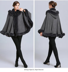 Thick Winter Warm Fur Hooded Shawl Coat For Women Poncho Cape Faux Fur Collar Knitted Cloak Loose Shawl Coat With Hood