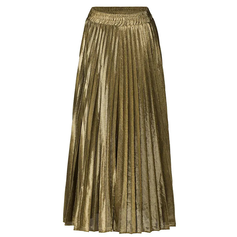 Women's High Elastic Waist Maxi Skirt Metallic Shiny A-line Flare Accordion Pleated Skirt