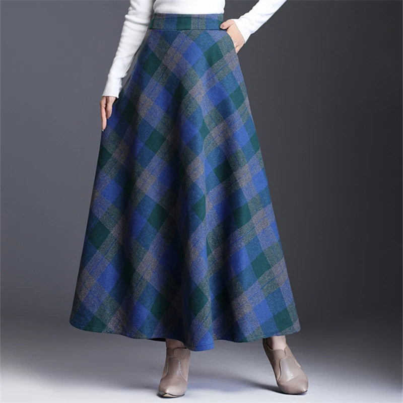 Women's Wool Thick Warm Plaid Skirts British Style Clothing with Pockets Pleated A-Line Midi Tartan Skirt