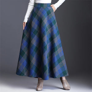 Women's Wool Thick Warm Plaid Skirts British Style Clothing with Pockets Pleated A-Line Midi Tartan Skirt