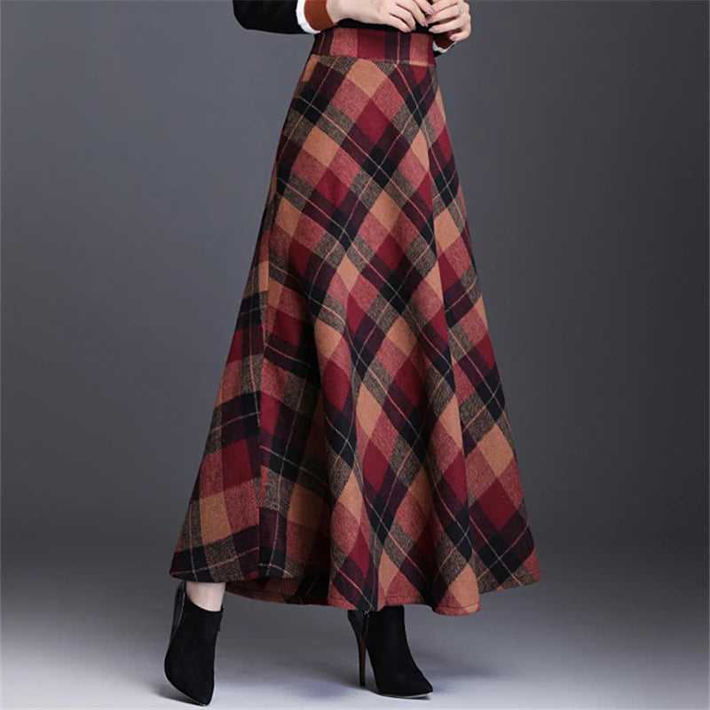 Women's Wool Thick Warm Plaid Skirts British Style Clothing with Pockets Pleated A-Line Midi Tartan Skirt