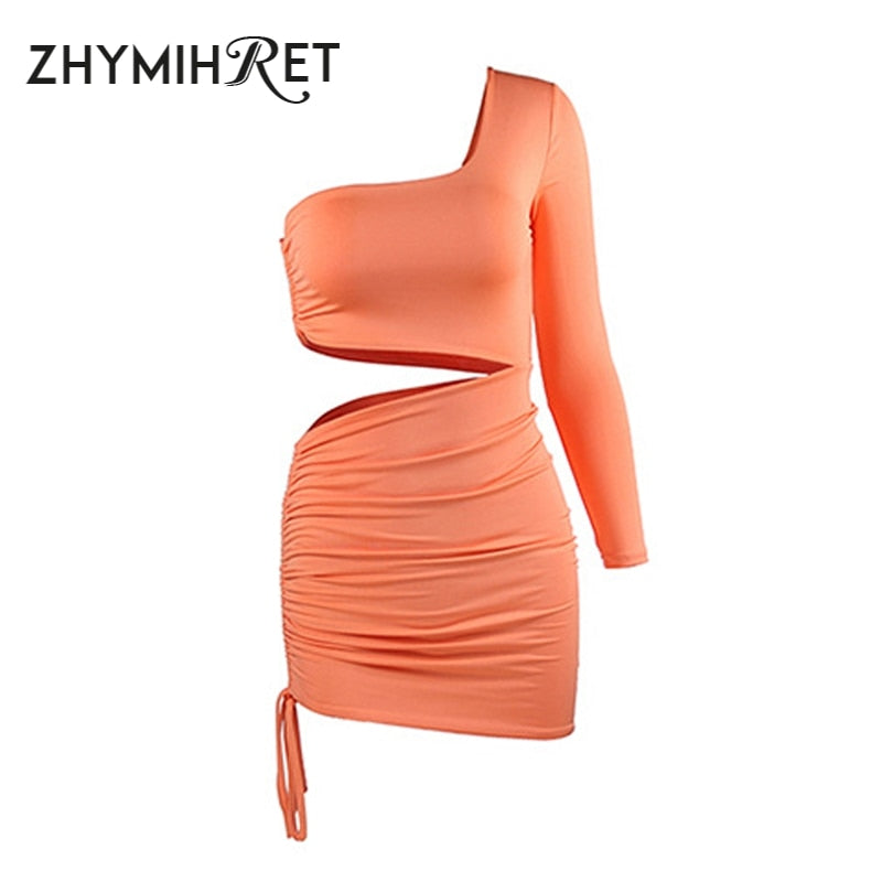One Shoulder Single Long Sleeve Sexy Dress Ruched Waist Hollow Out Mini Dresses for Women Clubwear Party Chic Dress
