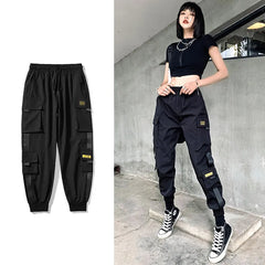 Women's Gothic Black Pants Streetwear Elastic Waist Baggy Y2K Cargo Pants