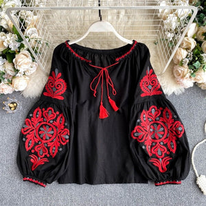 Retro Style V-Neck Lantern Sleeve Embroidered Blouse