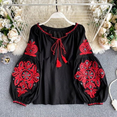 Lantern Sleeve Embroidered Blouse Women Retro V-Neck Casual Elegant Spring Fashion Top