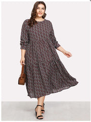 Elegant O-Neck Floral Print Long Sleeve Plus Size Dress