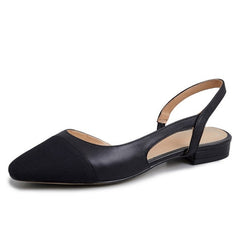 Women's Low Heel Genuine Leather Slingback Shoes Square Toe Pumps Thick Heel Shoes