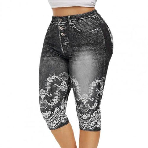 High Waist Faux Denim Print Capri Leggings Women Stretchy Yoga Casual Everyday Fashion Pants