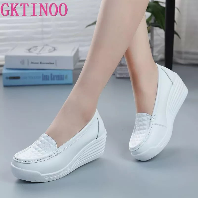 Women's Genuine Leather Wedge Shoes Platform Wedges Casual Shoes