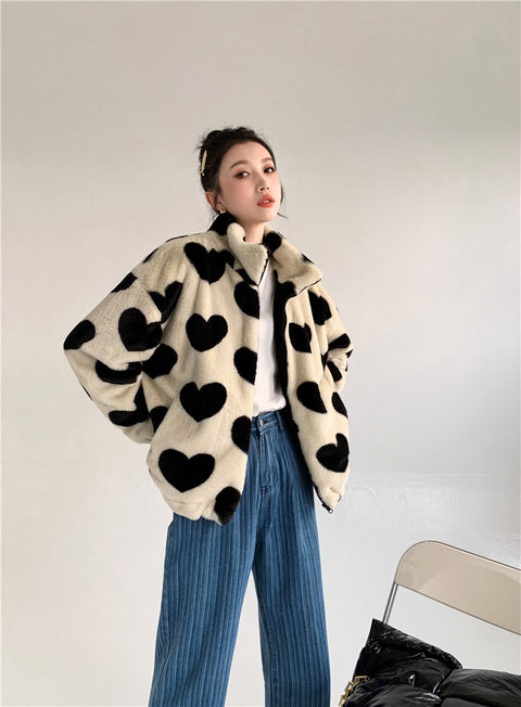 Plush Faux Fur Coat Women Black Hearts Tan Beige Warm Casual Winter Outerwear Fashion