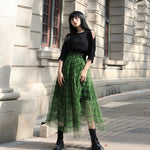 Women's Green Plaid Tulle Print Skirt Asymmetric Elastic Waist Streetwear A-line Midi Layered Skirt