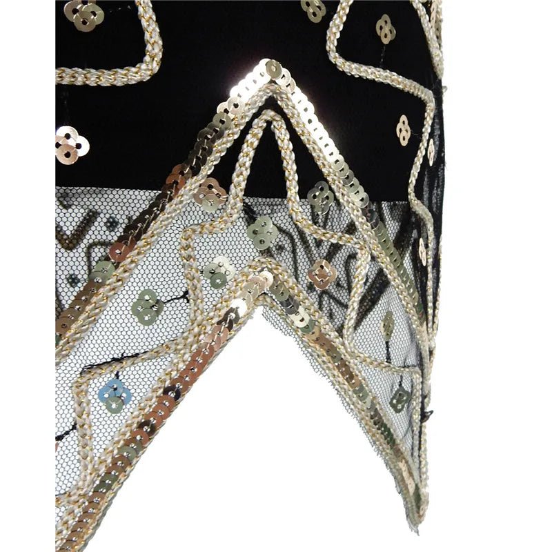 Decorative headpiece with sequins and beads on a black background