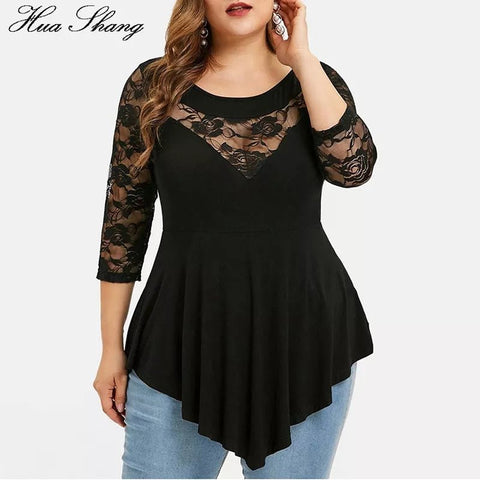 Blouse Women Floral Lace Hollow Out Tunic Solid Ruffle Irregular Hem Casual Elegant Fashion Top