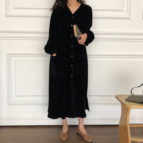 Corduroy Maxi Dress Women Elegant Pocket Vintage Full Sleeve Single Breasted Casual Fashion