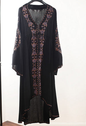 Women's Long sleeve Floral Embroidered Cotton Long Dress