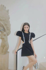 New Fashion Short Puff Sleeve Mini Dress Rhinestone Beaded O-Neck High Waist Hollow Out Mini Dress