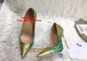 Yellow Green Gradient Color Snakeskin Pumps High Heel Stiletto Shoes Sexy 12cm Thin Heel Pointed Toe Dress Pumps Luxury Shoes