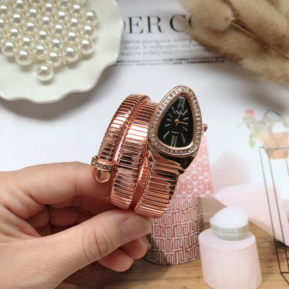 Women's Luxury Quartz Watch with Snake Design Bracelet Band Gold Silver & Rose Gold