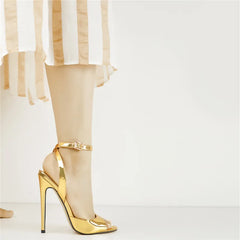 Gold Metallic /Black / Red Stiletto Heels with Ankle Strap – 12cm High Heel Shoes Open Toe Sandals