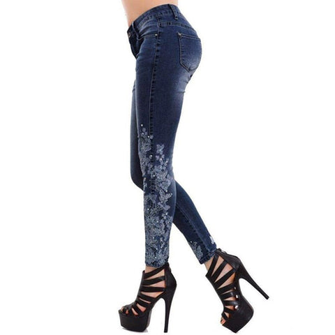 Low Rise Embroidered Jeans Women Slim Fit Stretchy Plus Size Denim Casual Fashion Trousers