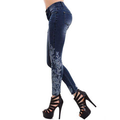 Stretchy Embroidered Jeans For Women Low Rise Jeans - Slim Fit Plus Size Denim Blue