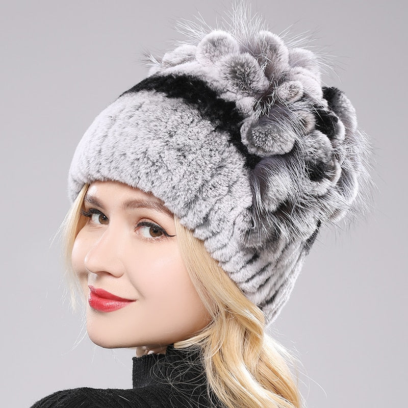 Women's Genuine Rex Rabbit Fur Hat Striped Top Flower Warm Real Fur Knit Beanie Caps